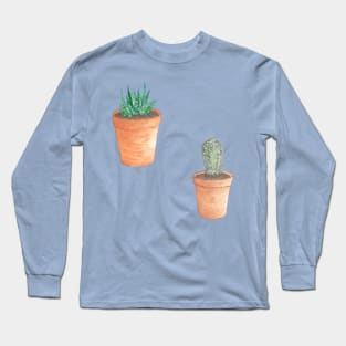 Cute Little Succulent Plant and Cactus in Terracotta Pots Hand Drawn in Watercolor and Ink Long Sleeve T-Shirt